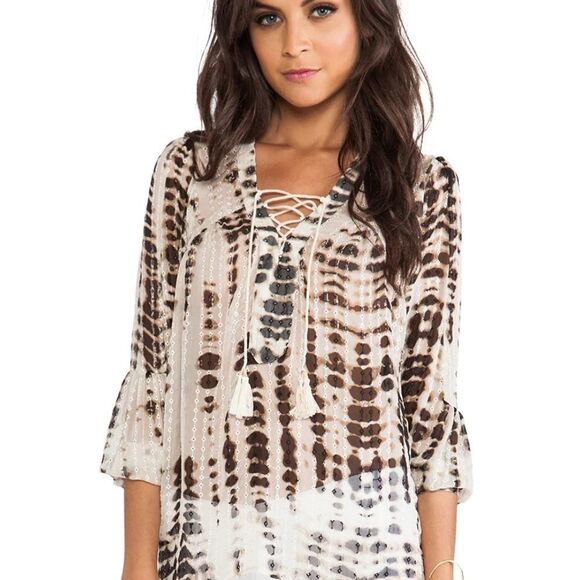 TWELFTH Street by Cynthia Vincent Silk Taupe Animal Print V-neck Lace-up Blouse - Picture 2 of 11